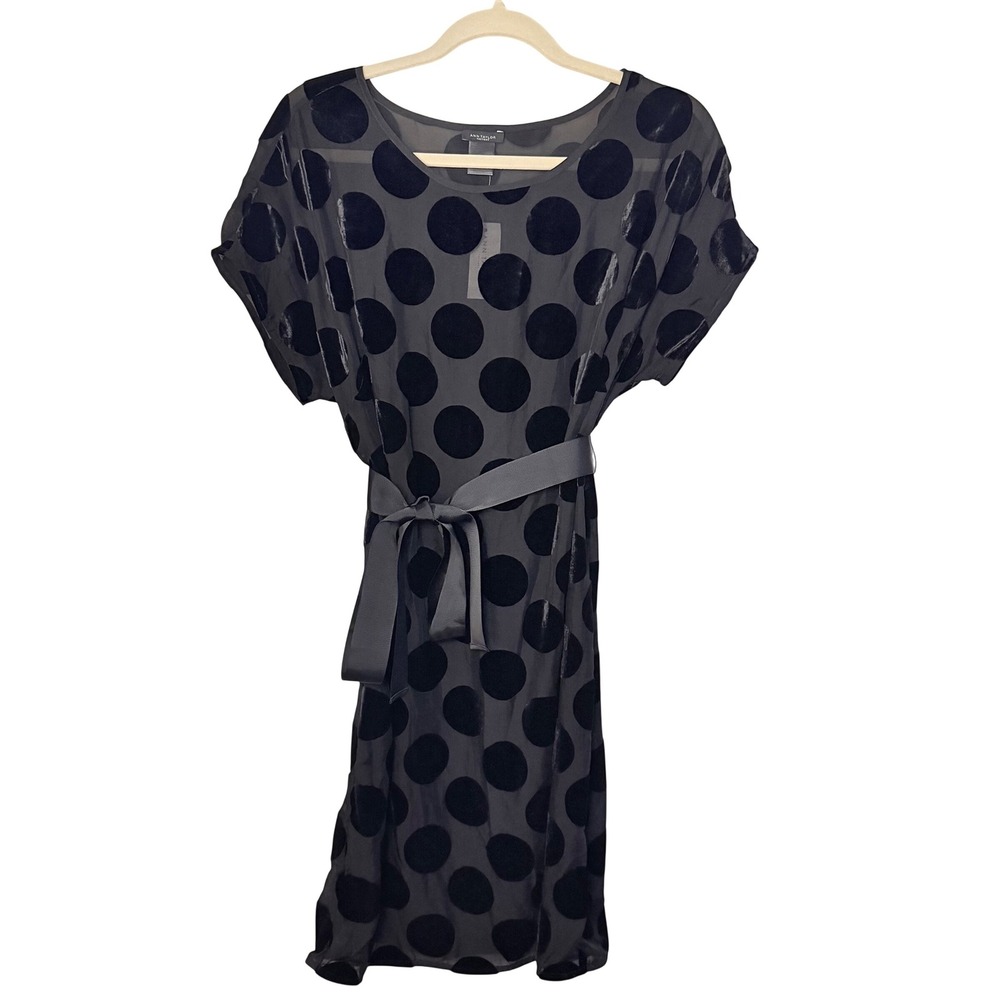 NWT Ann Taylor Black Sheer Polka Dot Knee Length Dress Tie Waist MSRP $130 SZ S